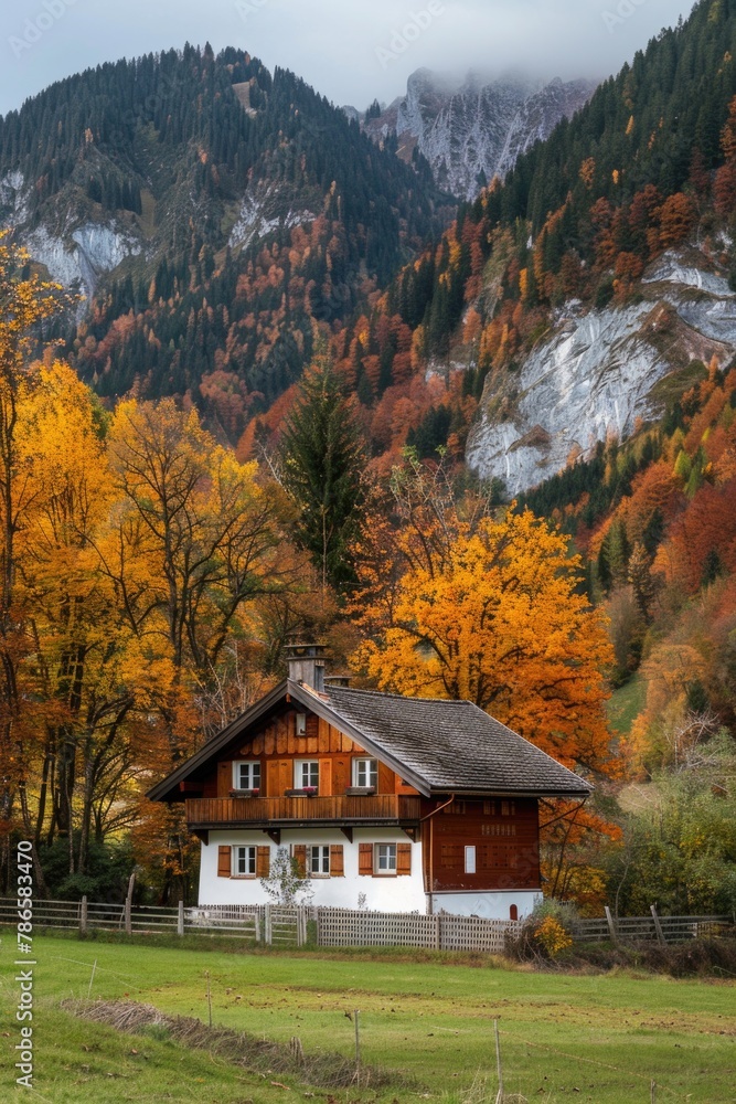 A picturesque view of a house in a field with a majestic mountain in the background. Suitable for various outdoor and real estate themes A picturesque view of a house in a field with a majestic mountain in the background. Suitable for various outdoor and real estate themes