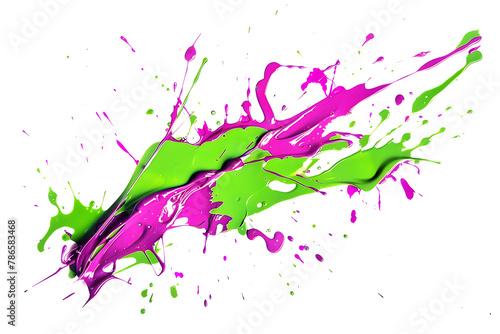 Abstract neon pink and green paint splatters on white background.