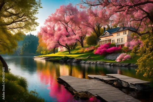 a scenic house by the river, kissed by the captivating colors of blooming trees and a symphony of wild, vibrant blooms.