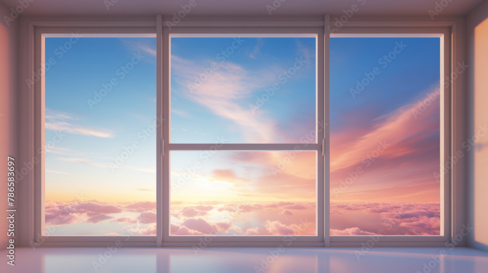 A tranquil natural scene viewed through a window, bathed in the comforting glow of warm sunlight A tranquil natural scene viewed through a window, bathed in the comforting glow of warm sunlight