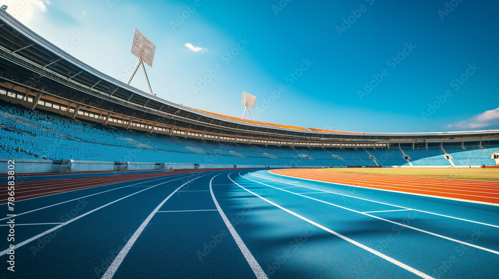 A panoramic view of an empty stadium with a running track, the seats cast in shadow while the track glows under a clear sky. This serene moment captures the calm before the storm o A panoramic view of an empty stadium with a running track, the seats cast in shadow while the track glows under a clear sky. This serene moment captures the calm before the storm o
