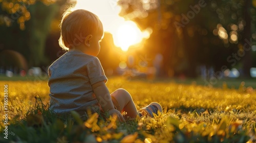 A peaceful image of a small child sitting in the grass at sunset. Ideal for family and nature-themed projects