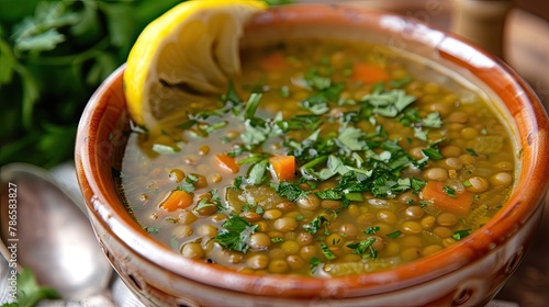 Lentil soup garnished with fresh parsley and a squeeze of lemon. Restaurant serving, close-up, food aesthetics, difficult to prepare. Culinary excellence, sophistication concept. Generative by AI