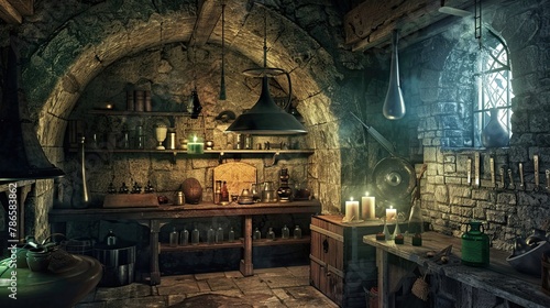 Medieval laboratory  apartment for alchemy  experiments. Deep underground room  bottles  disorder  alchemy equipment  dampness. Researchers room hidden from prying eyes concept. Generative by AI