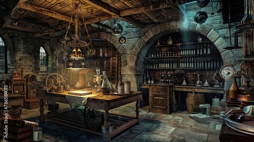 Medieval laboratory  apartment for alchemy  experiments. Deep underground room  bottles  disorder  alchemy equipment  dampness. Researchers room hidden from prying eyes concept. Generative by AI