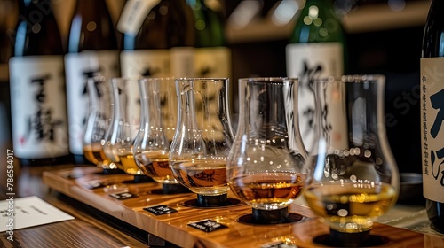Japanese whiskey with selection of single malts and blends. Alcohol  glass  tasting  sommelier  bar  club  quality drink. People enjoy aromatic drinks and company of friends concept. Generative by AI