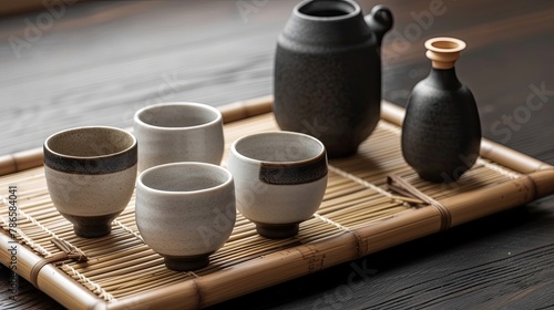 Set of Japanese sake with traditional ceramic cups and bamboo cane. Alcohol, glass, bar, club, quality drink, cocktail. People enjoy aromatic drinks and company of friends concept. Generative by AI photo