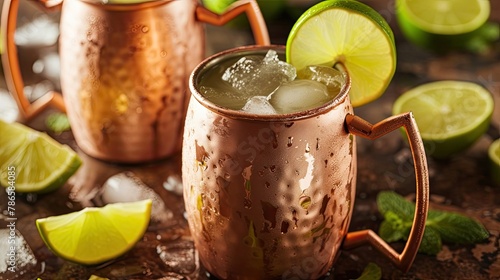 Ice-cold Moscow mule cocktail served in copper mug with ging and lemon. Alcohol, glass, bar, club, quality drink, cocktail. People enjoy aromatic drinks, company of friends concept. Generative by AI photo