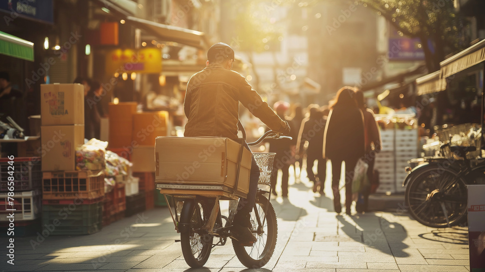 An entrepreneur using a mini cargo bike to transport goods to local customers, riding through a lively street market. The natural sunlight enhances the vibrant setting, casting sof