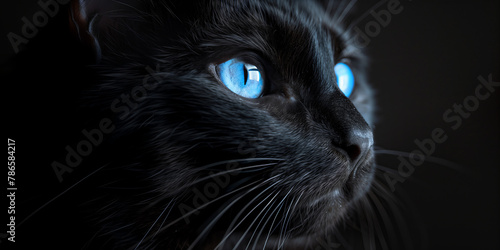 Black cat with magical bright blue eyes on dark background.