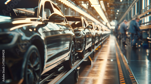 A row of partially completed cars moving along a conveyor belt, with workers performing quality checks. The natural light from overhead illuminates the scene, creating a dynamic pl © Катерина Євтехова