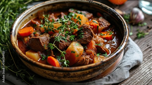 Hearty beef stew with red wine root vegetables, fresh herbs. Restaurant dish, serving, close-up, seasonal offering, difficult to prepare. Culinary excellence, sophistication concept. Generative by AI