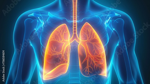 The human respiratory system consists of the lungs, which allow us to breathe. These lungs are located in our chest and are made up of tiny air sacs that allow oxygen to enter our bloodstream. photo