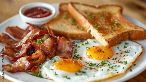 Bacon eggs hash brown and toast breakfast photo