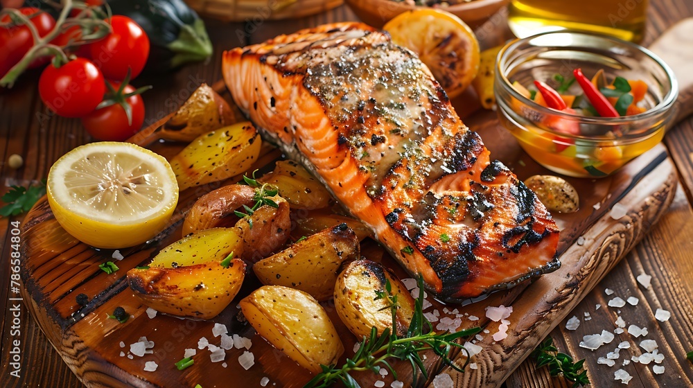 Barbecued salmon fried potatoes and vegetables on wooden background - obrazy, fototapety, plakaty 