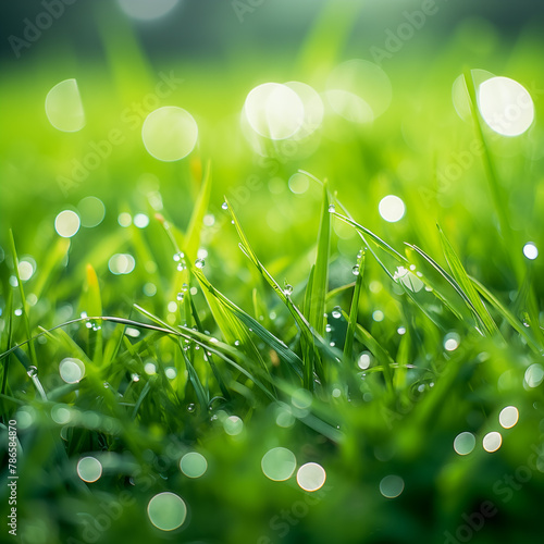 dew on green grass with bokeh 