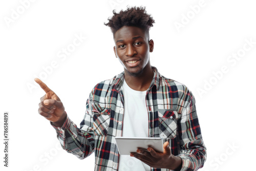 Studio portrait company business worker smart young African American man with serious face holding tablet, isolated on transparent png background.