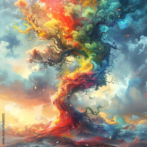 Vibrant Fantasy Tree Amidst Clouds
