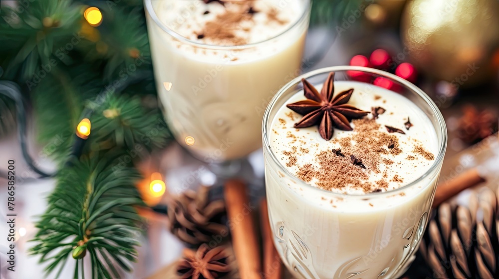 A festive eggnog cocktail topped with a sprinkle of cinnamon. New Year, seasonal drink. The concept of relaxing in the company of friends during the holiday. Spruce cones and twigs. Generative by AI A festive eggnog cocktail topped with a sprinkle of cinnamon. New Year, seasonal drink. The concept of relaxing in the company of friends during the holiday. Spruce cones and twigs. Generative by AI