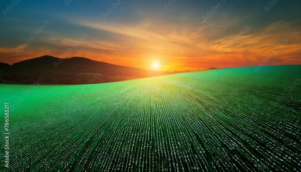 Binary code sunset: A field of glowing code bathed in orange light