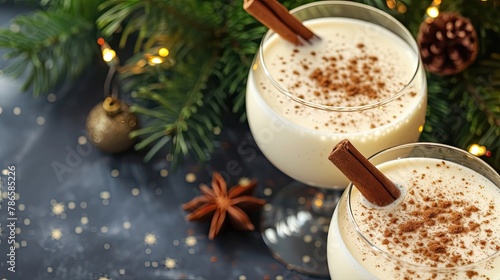 A festive eggnog cocktail topped with a sprinkle of cinnamon. New Year, seasonal drink. The concept of relaxing in the company of friends during the holiday. Spruce cones and twigs. Generative by AI