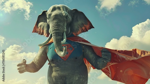 Elephant in a superhero costume, cloak. Mascot, wild animal, surrealism, realistic style, close-up, trunk, costume photo shoot for pet. Concept of a wild animal in human clothing. Generative by AI