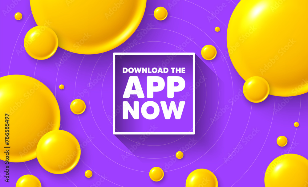 Download app square frame. Abstract 3d spheres background. Yellow balls, spheres or bubbles on background. Minimal design. Geometric purple background with yellow 3d balls, spheres. Vector