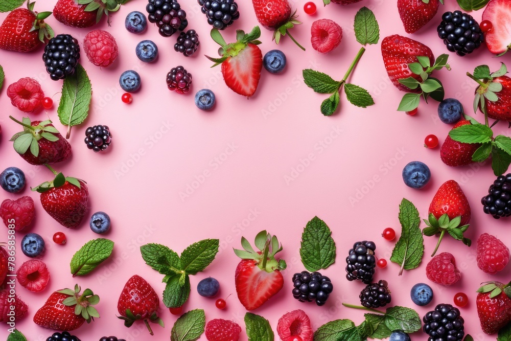 Fresh berries and mint leaves on a pink background, perfect for summer concepts