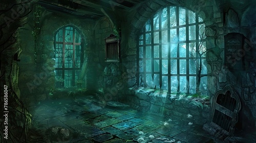 Damp and musty dungeon chamber with a barred window offering. Prison cell  ghosts  paranormal  gothic  middle ages  ruins  dust  dampness  underground structure  mysticism  fear. Generative by AI