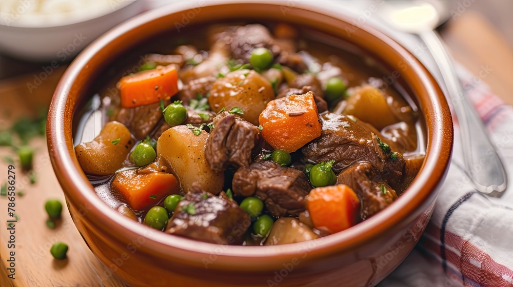 Classic slow-simmered beef stew with tender pieces of meat and meat. Restaurant dish and serving, close-up, specialty of the house. Concept of culinary excellence and sophistication. Generative by AI Classic slow-simmered beef stew with tender pieces of meat and meat. Restaurant dish and serving, close-up, specialty of the house. Concept of culinary excellence and sophistication. Generative by AI