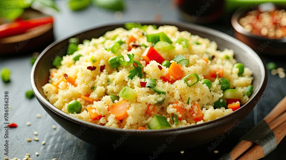 Cauliflower rice stir-fry with mixed vegetables, splash of oil. Healthy eating, diet, natural products, close-up. The concept is relatively simple dish that anyone can make at home. Generative by AI Cauliflower rice stir-fry with mixed vegetables, splash of oil. Healthy eating, diet, natural products, close-up. The concept is relatively simple dish that anyone can make at home. Generative by AI