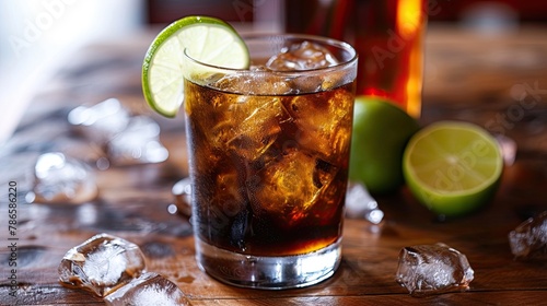 Classic rum and coke cocktail served with wedge of lime, glass, club, bar, wood. Casual evening in stylish place where people enjoy aromatic drinks and company of friends concept. Generative by AI photo
