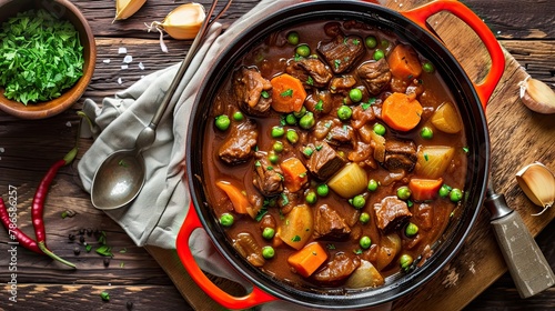 Classic slow-simmered beef stew with tender pieces of meat and meat. Restaurant dish and serving, close-up, specialty of the house. Concept of culinary excellence and sophistication. Generative by AI