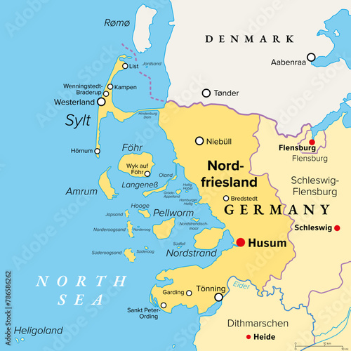 Nordfriesland, or North Frisia, political map. Northernmost district of Germany, part of Schleswig-Holstein, with capital Husum and the five large islands Sylt, Foehr, Amrum, Pellworm and Nordstrand. photo