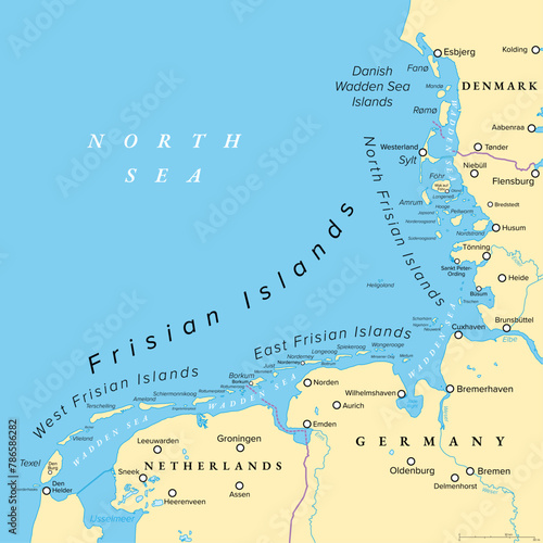 Frisian Islands, political map. Wadden Sea Islands, archipelago at North Sea in Europe, stretching vom Netherlands through Germany to Denmark. The islands shield the mudflat region of the Wadden Sea. photo