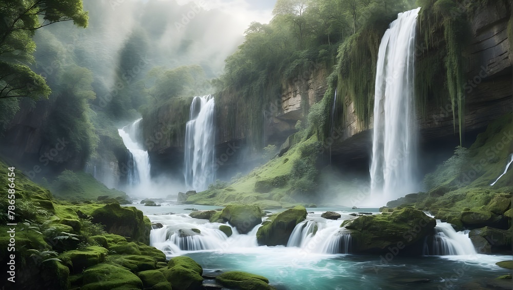 Fototapeta premium Beautiful mountain and greenery water fall