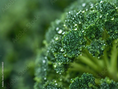 Close-up of a pristine, appetizing broccoli floret adorned with shimmering water droplets, invitingly fresh and vibrant, with ample space for text, ideal for promoting healthful eating or culinary