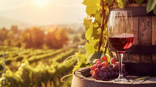 Goblet of wine against background of field of grapes, sunset, soft sunlight. Alcohol, glass, ruby liquid, landscape. Calmness and delight in the beauty of nature concept. Generative by AI