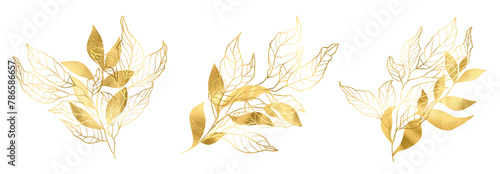 Fotografi Elegant wedding gold floral frame, golden flowers botanical hand drawn line bord