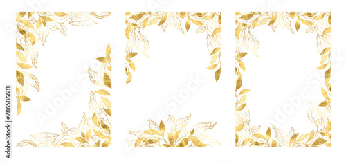 Elegant wedding gold floral frame  golden flowers botanical hand drawn line border leaves  for wedding invitation and cards  logo design  social media and posters template
