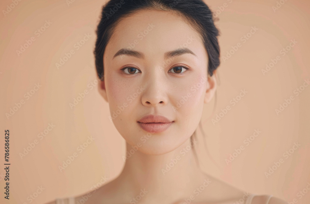 Beauty, makeup and portrait of happy asian woman in studio isolated on cream background. Face, skincare and relax with aesthetic, confident or natural young model at spa for cosmetics or dermatology Beauty, makeup and portrait of happy asian woman in studio isolated on cream background. Face, skincare and relax with aesthetic, confident or natural young model at spa for cosmetics or dermatology