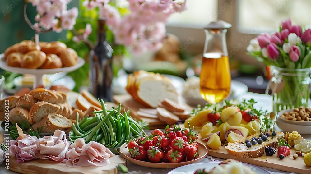 Breakfast or brunch table filled with all sorts of delicious delicatessen ready for an easter meal