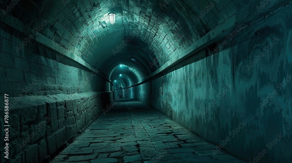 Obraz premium Underground labyrinth of twisting tunnels and secret chamber. Gloomy place, ghosts, dust, secret tunnel, paranormal, gothic, middle ages, ruins, dampness, mysticism, fear. Generative by AI