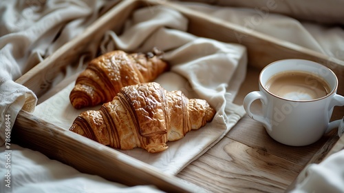 Breakfast served in bed on wooden tray with coffee and croissants