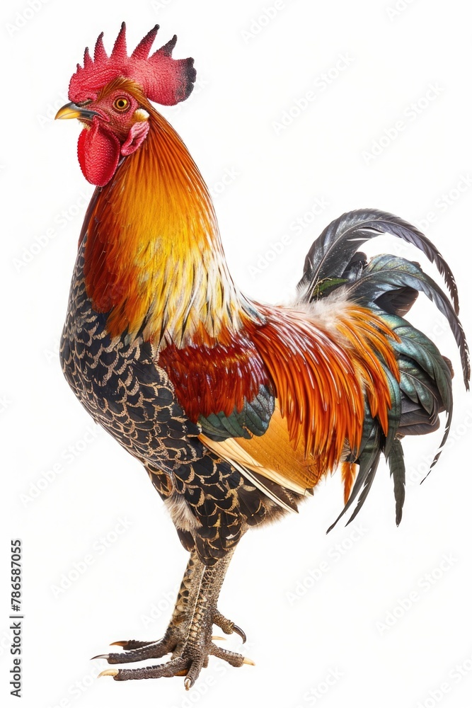 A vibrant rooster standing on a plain white background. Suitable for various design projects