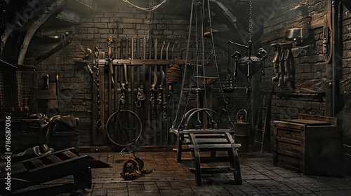 Torture chamber with an iron maiden and other gruesome device, chains, horror, thriller. Gloomy place, ghosts, paranormal, gothic, middle ages, ruins, dampness, mysticism, fear. Generative by AI © Anastasia