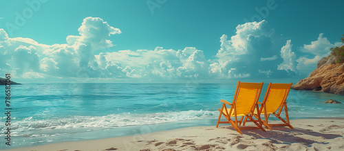 Two yellow chairs for relaxing on the beach. Sea or ocean on background. Summer vacation travel theme.   © elenabdesign