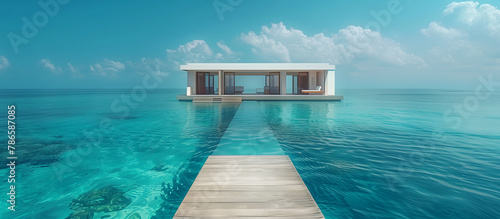 Modern minimalistic overwater villa. Summer holiday travel vacation theme. © elenabdesign
