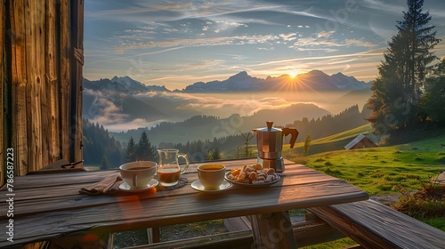 Breakfast table in rustic wooden terace patio of a hut hutte in tirol alm at sunrise photo