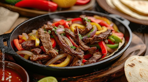 Tasty beef fajitas served with warm tortillas and vegetables, sprinkled with herbs. Restaurant dish, seasonal offering, proper nutrition, diet food. Culinary aesthetics concept. Generative by AI